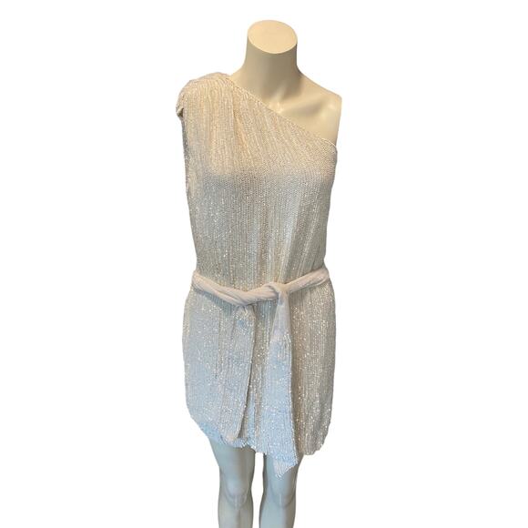 Retrofete Ella Dress One Shoulder Sequin Tie Mini White Small - Picture 2 of 9